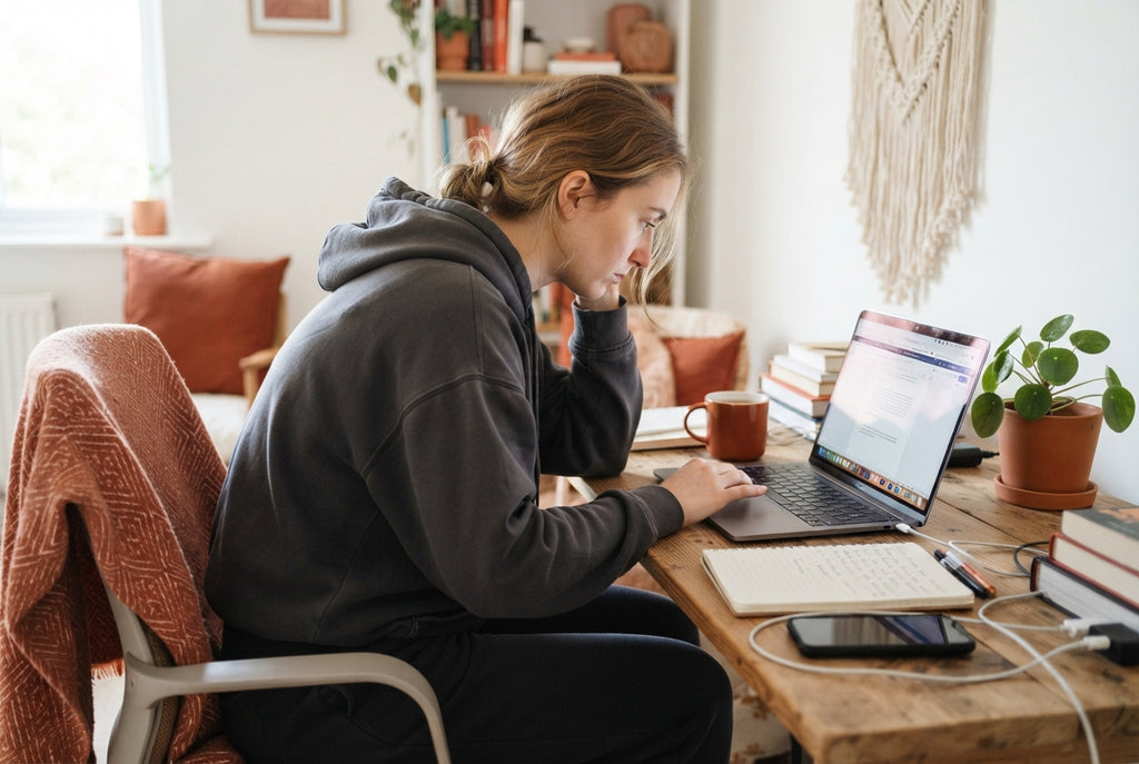 A person sitting at a desk with hunched shoulders and rounded back while working on a laptop.