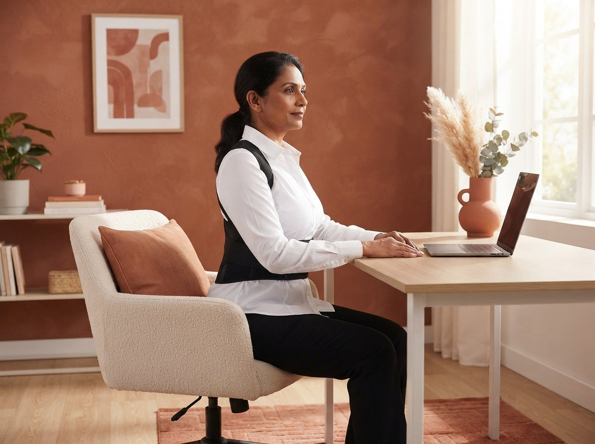 A person wearing a posture corrector belt while sitting at a desk in a bright, modern office with terracotta and warm-toned d