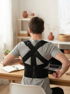 A person adjusting a posture corrector belt while seated at their desk in a home office.
