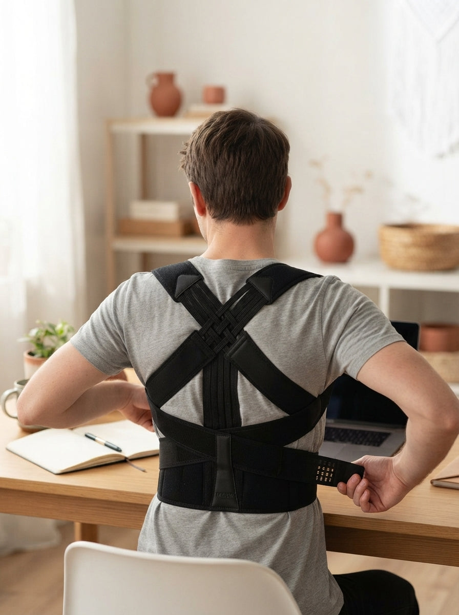 A person adjusting a posture corrector belt while seated at their desk in a home office.