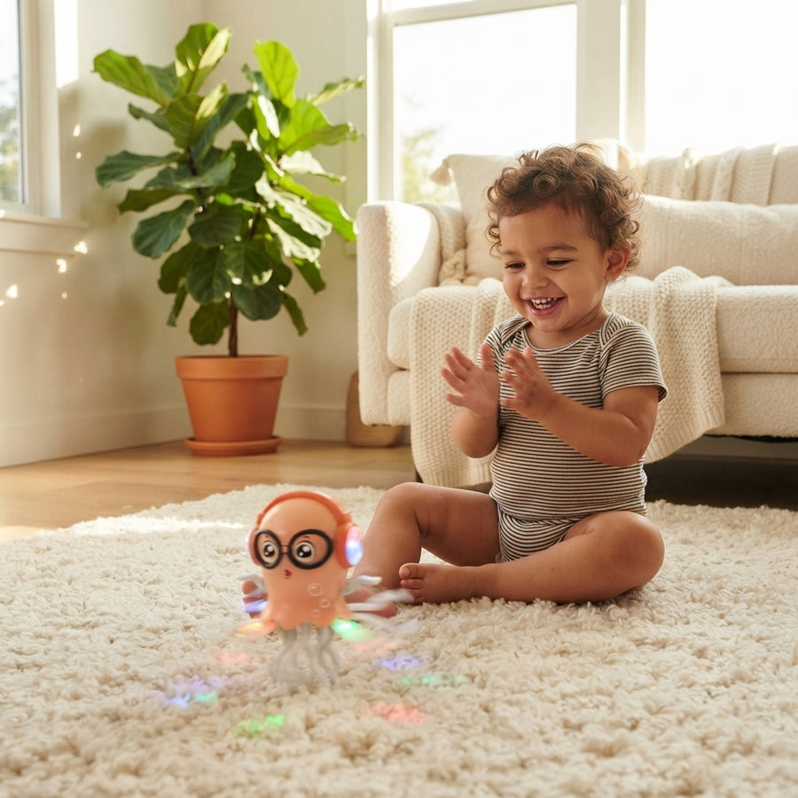 A toddler playing with a glowing dancing jellyfish toy on a cozy rug in a bright, modern living room.